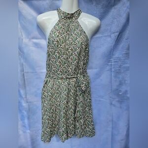 Anthropologie Halter Romper XS Leaf Print Partial Open Back Rayon